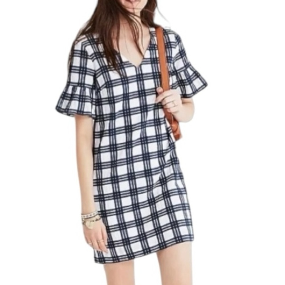 Madewell Leighton Navy Blue & White Plaid Ruffle Sleeve Shift Mini Dress - 0